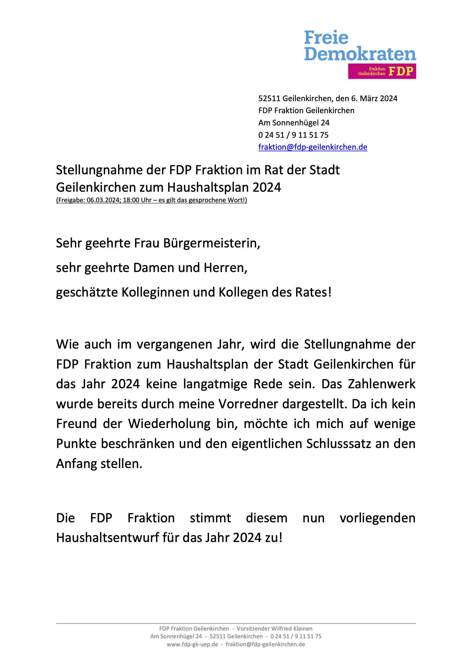 Stellungnahme zum Haushaltsplan 2024